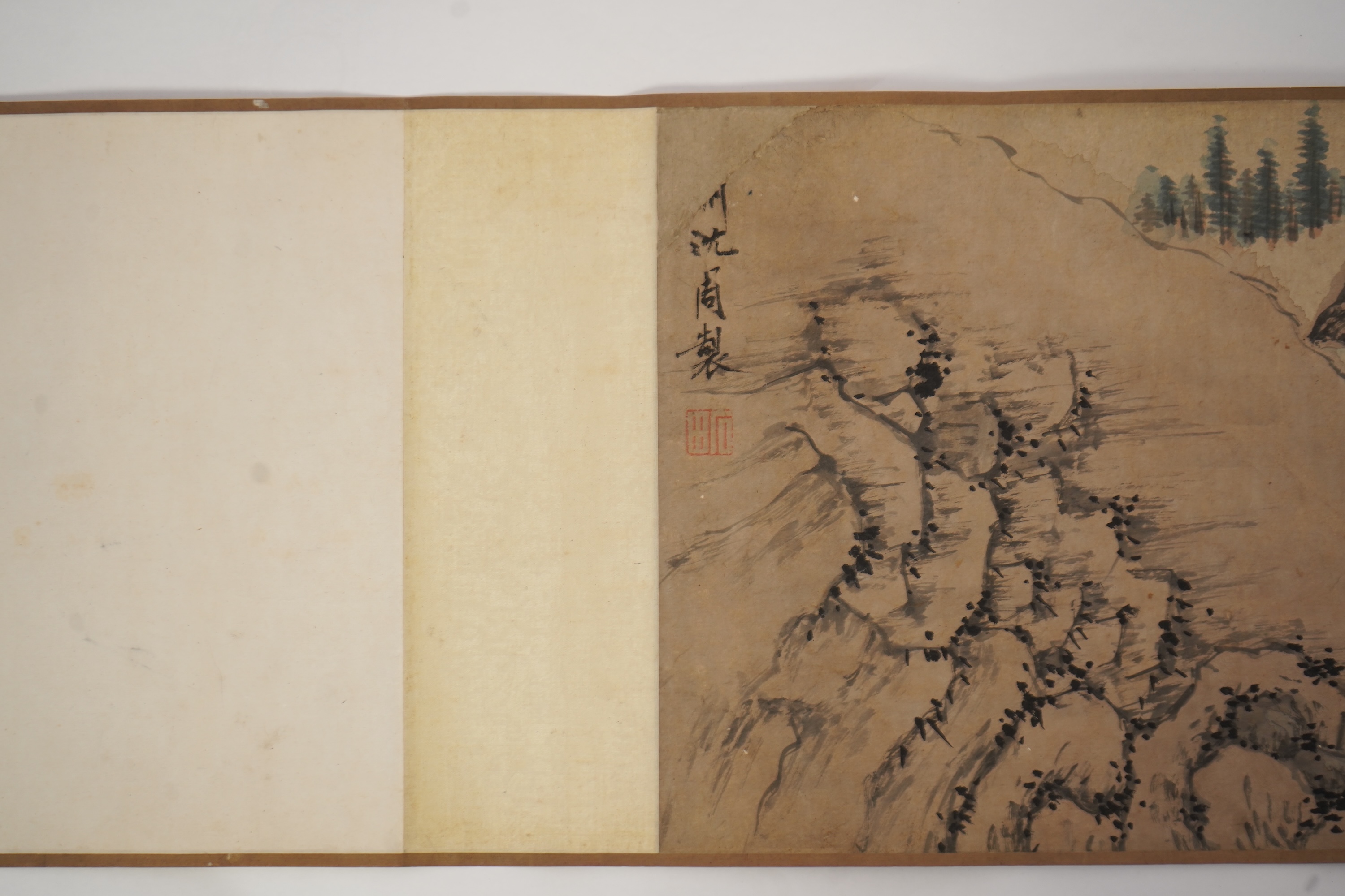 Chinese School , (Qing dynasty), Figures in a mountainous river landscape, Ink and colour on paper handscroll, 268.5cm x 29cm excluding borders